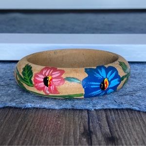 Vintage Hand Painted Floral Wood Bangle Bracelet